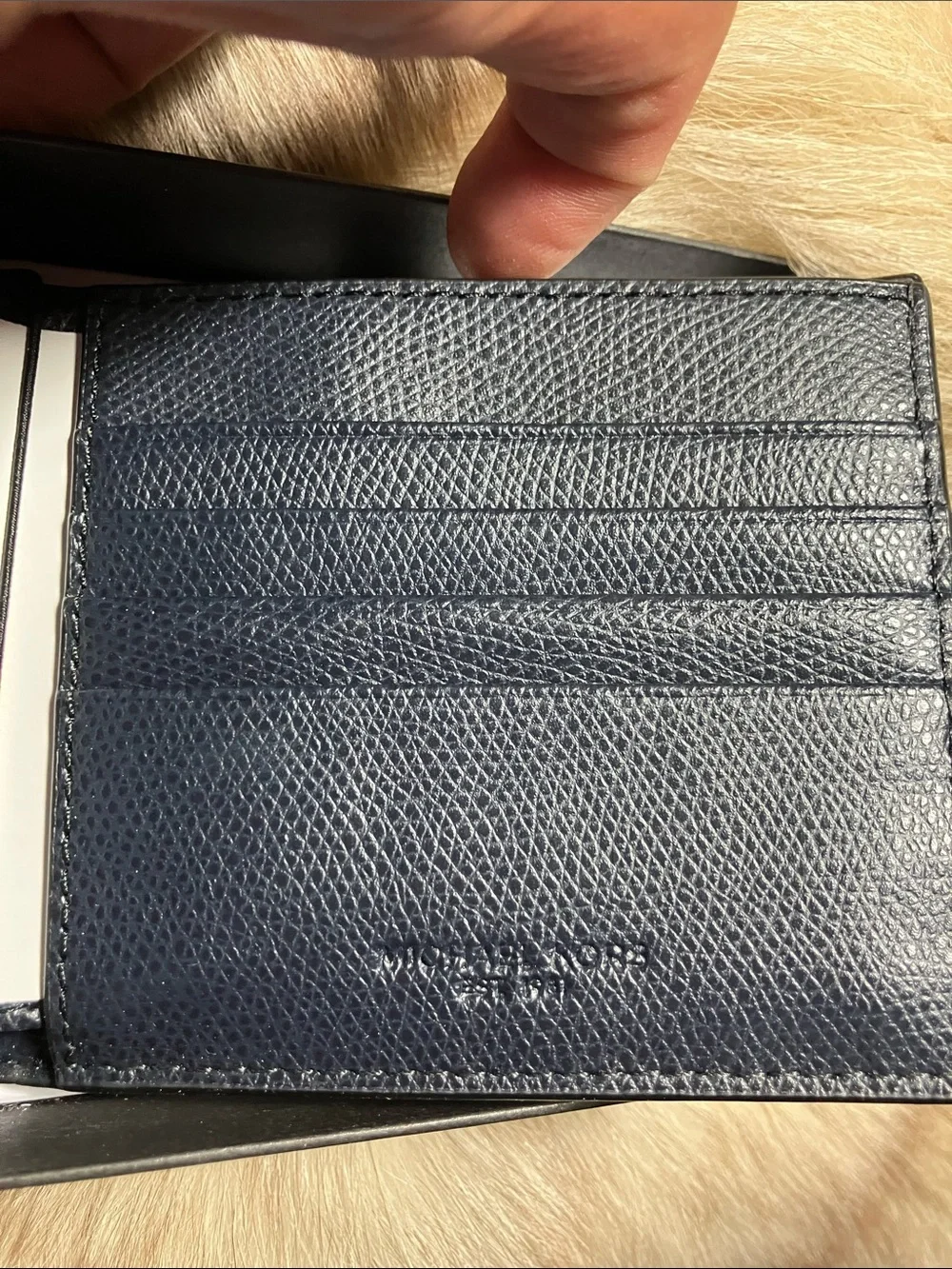 NWT. Michael Kors Navy Blue Textured Leather Men’s Bi-Fold Wallet